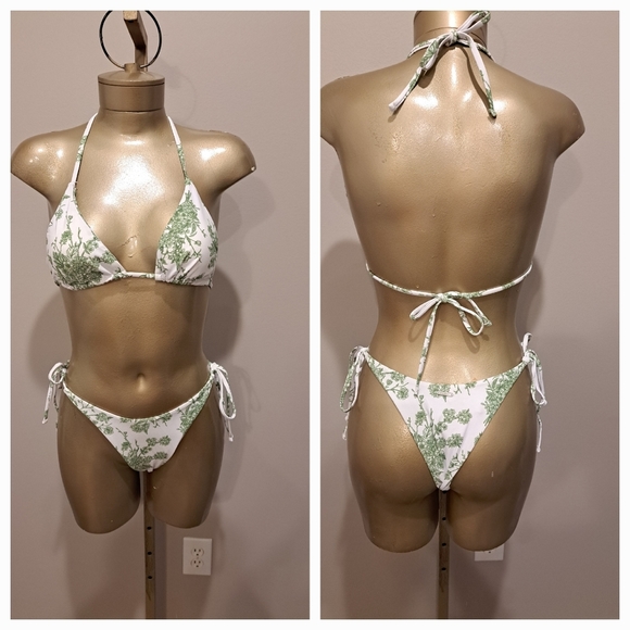 Berlook Green & White Floral Print String Bikini Recycled Material - Picture 2 of 8